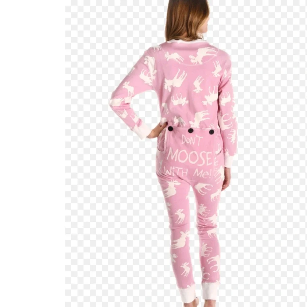 Lazy One Pink Moose Print Pajama Jumpsuit Women's Size Medium Button Up Footless